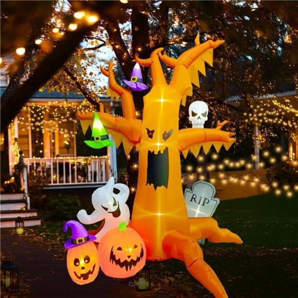 8 ft Halloween Inflatable Spooky Tree, with Ghosts Pumpkins Skull and Tombstone - Picture 1 of 7